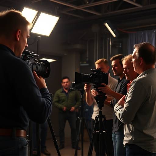 A group of people working collaboratively at a film set in Los Angeles, California.
