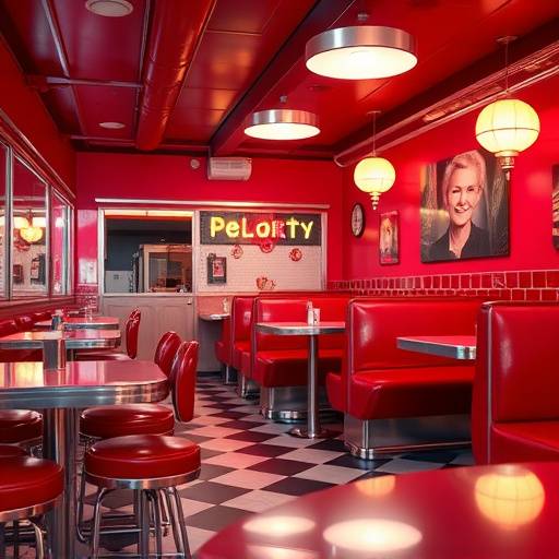 Classic California diner with retro decor, red booths, and chrome accents.