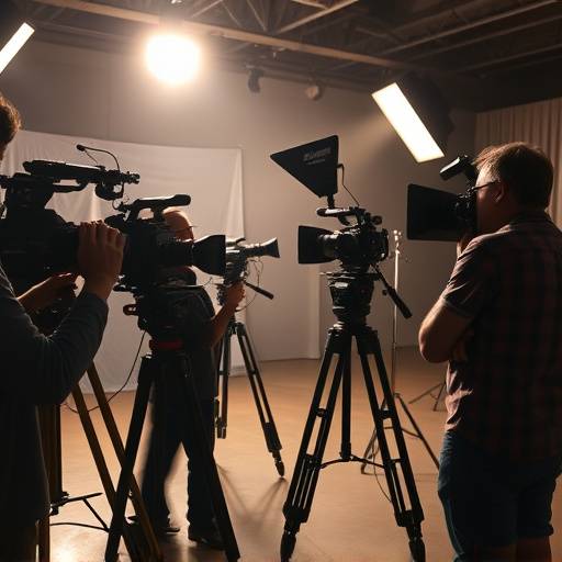 Film crew working on set with cameras, lighting, and sound equipment.