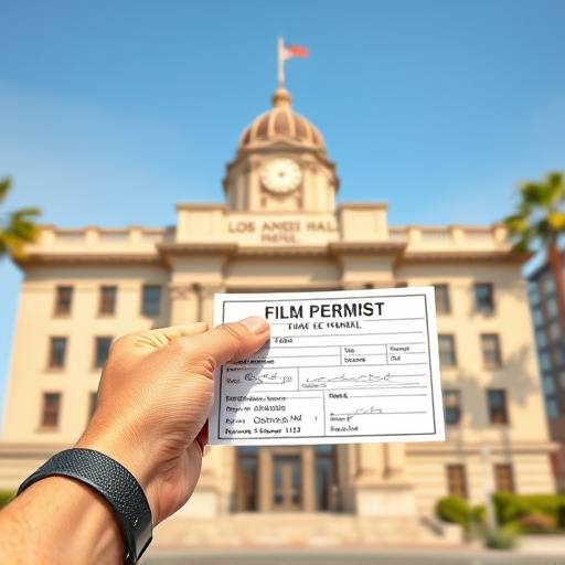 Hand holding a film permit with Los Angeles city hall in the background.