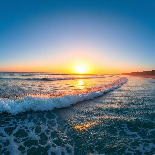 Panoramic view of Malibu beach with rolling waves and clear blue sky at sunset.