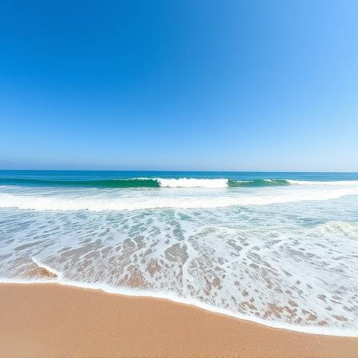 Panoramic view of Malibu beach with rolling waves and clear blue sky.