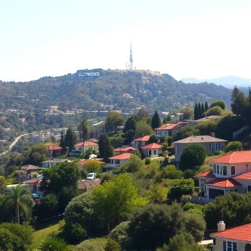 Panoramic view of the Hollywood Hills with residential houses and lush greenery.