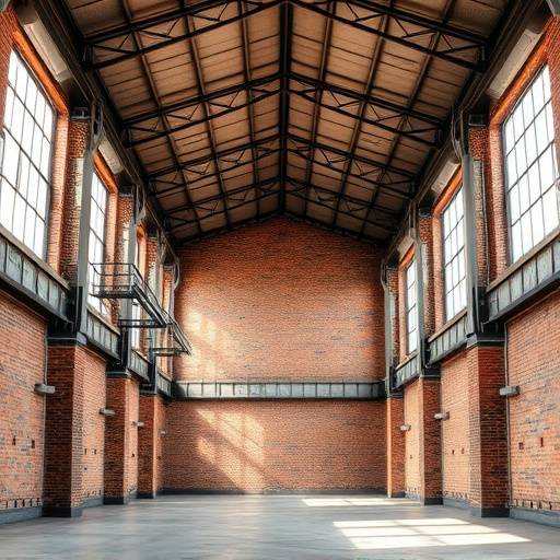 Spacious industrial warehouse interior with exposed brick and high ceilings.