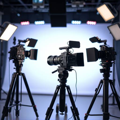 Various film equipment including cameras, lights, microphones, and dollies.