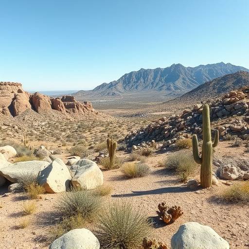 Vast desert landscape near Los Angeles with rocky terrain, cacti, and a clear sky.