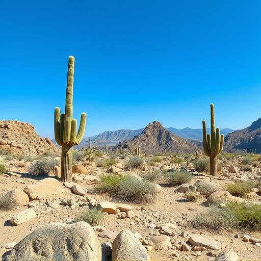 Vast desert landscape with rocky terrain, cacti, and a clear blue sky near Los Angeles.